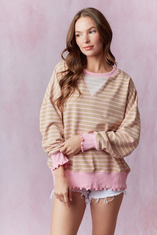 Pastel Stripe Scallop Hem Sweatshirt