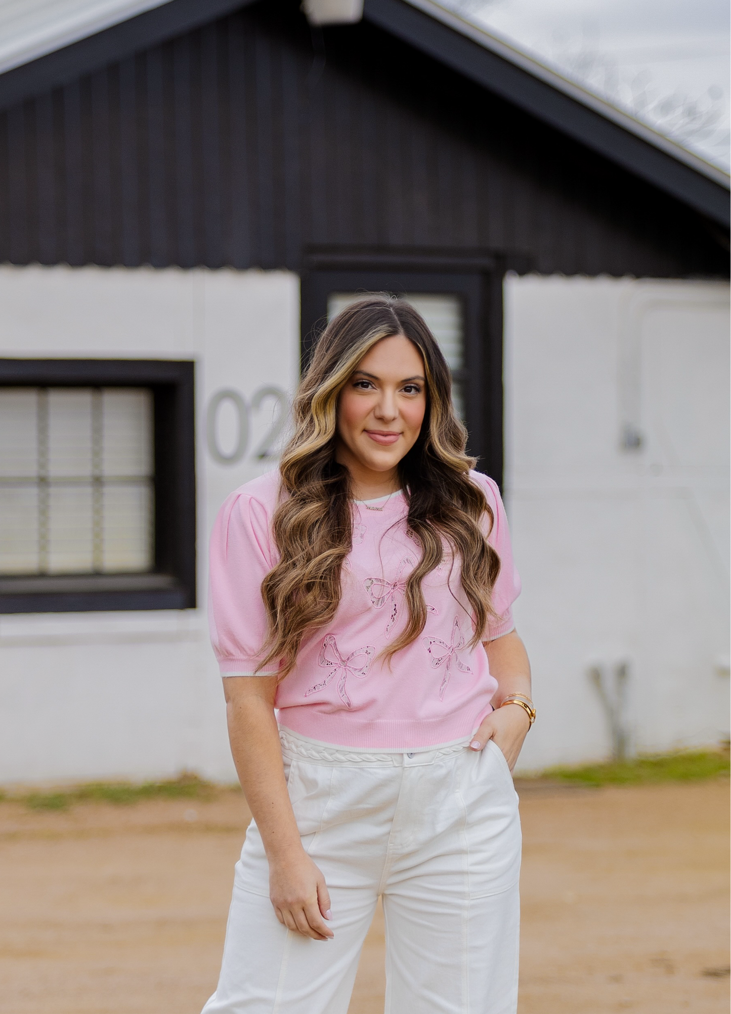 Pink Bow Embroidered Sweater