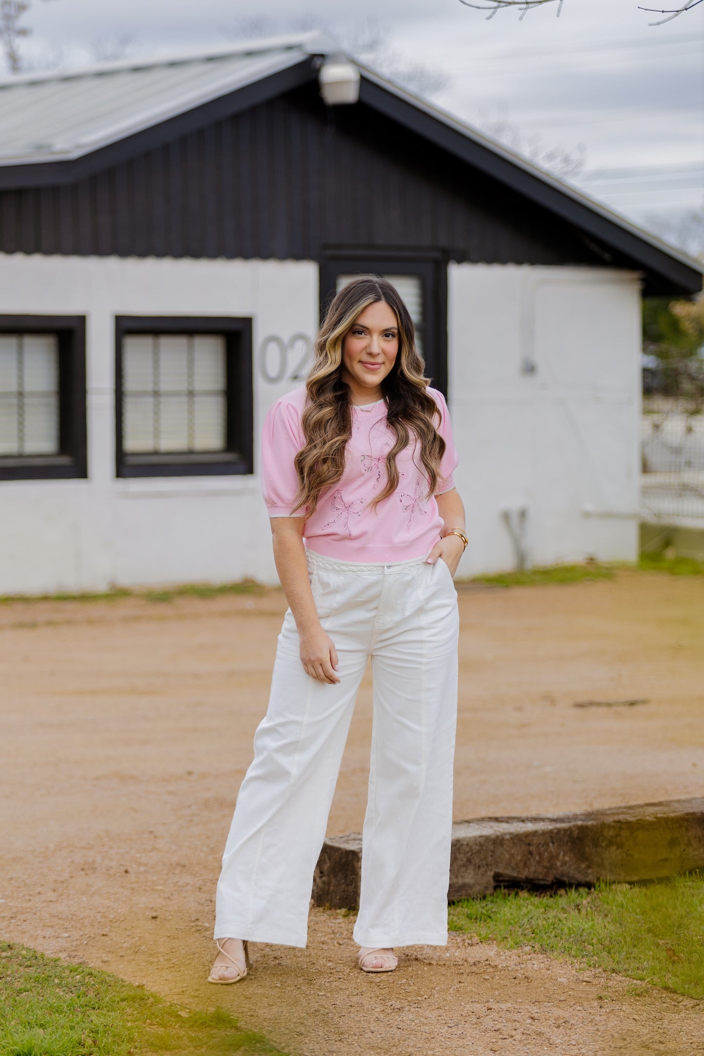 Pink Bow Embroidered Sweater